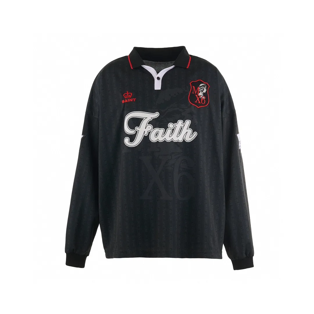 SAINT M×××××× SOCCER SHIRT 'FAITH'/BLK FAITH Football Long Sleeve Black S-XL This design has a lot of craftsmanship Digital fabric printing/front positioning printing laser cutting Offset printing + flocking printing + embossing Imported Behringer machine embroidery Flat machine collar + cuffs Genuine consistent main mark/wash mark/cherub mark